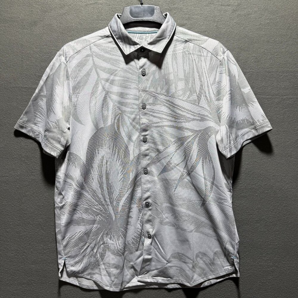 Tommy Bahama Hawaiian Shirt Island Zone Button Short Sleeve Grey Floral Size M